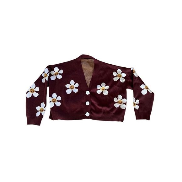 Oversized Slouchy Cropped Smiley Flower Daisy Brown Cardigan Sweater Hippie M/L - Picture 1 of 3